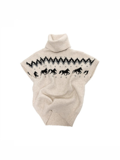 Fair Isle Pony Pullover Knit Turtle Neck Jacquard Short Sleeve Sweater Layered Top【s0000014591】