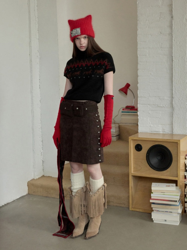 Fair Isle Pony Pullover Knit Turtle Neck Jacquard Short Sleeve Sweater Layered Top【s0000014591】