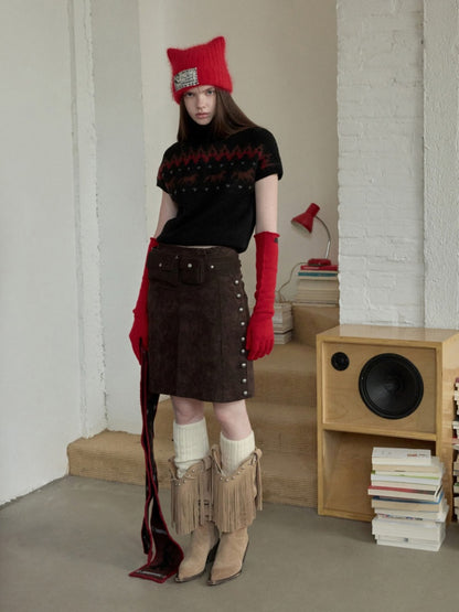 Fair Isle Pony Pullover Knit Turtle Neck Jacquard Short Sleeve Sweater Layered Top【s0000014591】