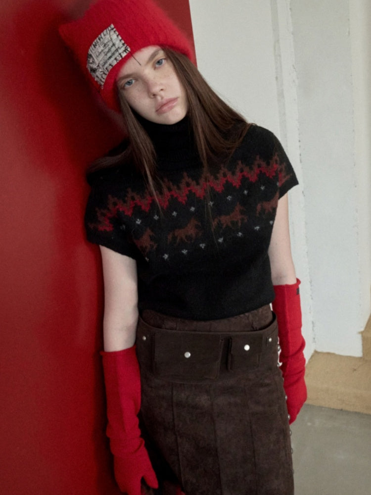 Fair Isle Pony Pullover Knit Turtle Neck Jacquard Short Sleeve Sweater Layered Top【s0000014591】