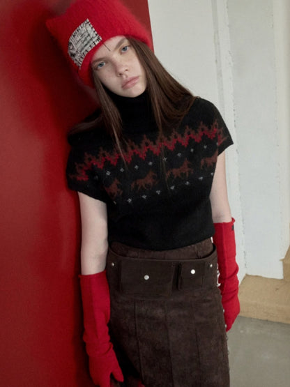 Fair Isle Pony Pullover Knit Turtle Neck Jacquard Short Sleeve Sweater Layered Top【s0000014591】