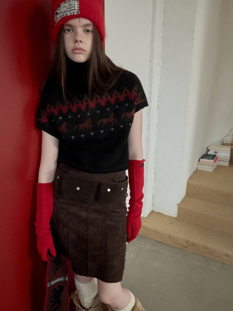 Fair Isle Pony Pullover Knit Turtle Neck Jacquard Short Sleeve Sweater Layered Top【s0000014591】