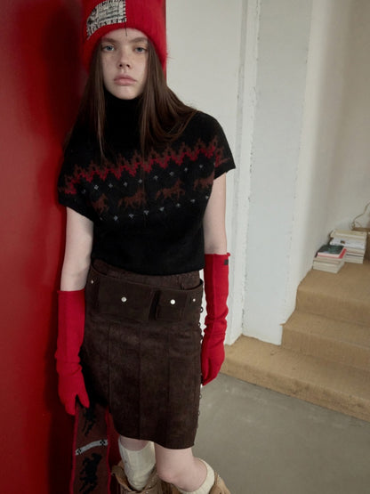 Fair Isle Pony Pullover Knit Turtle Neck Jacquard Short Sleeve Sweater Layered Top【s0000014591】