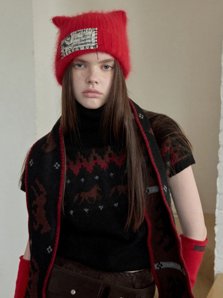 Fair Isle Pony Pullover Knit Turtle Neck Jacquard Short Sleeve Sweater Layered Top【s0000014591】