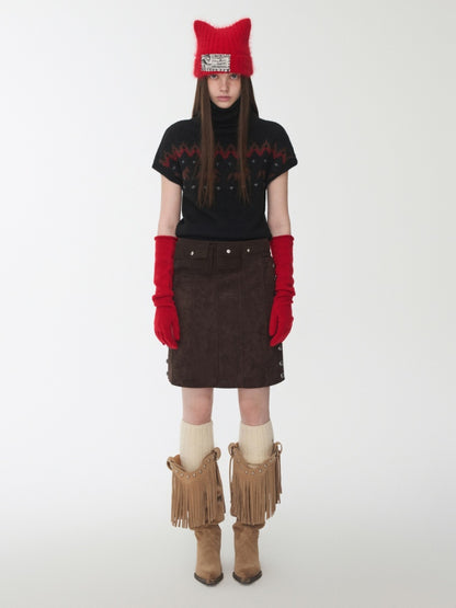 Fair Isle Pony Pullover Knit Turtle Neck Jacquard Short Sleeve Sweater Layered Top【s0000014591】