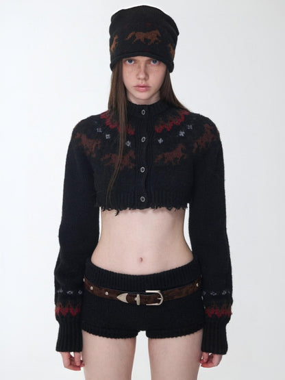 Fair Island Vintage Pony Jacquard Knitted Short Cardigan High Waist Shorts Set Of 2【s0000014592】