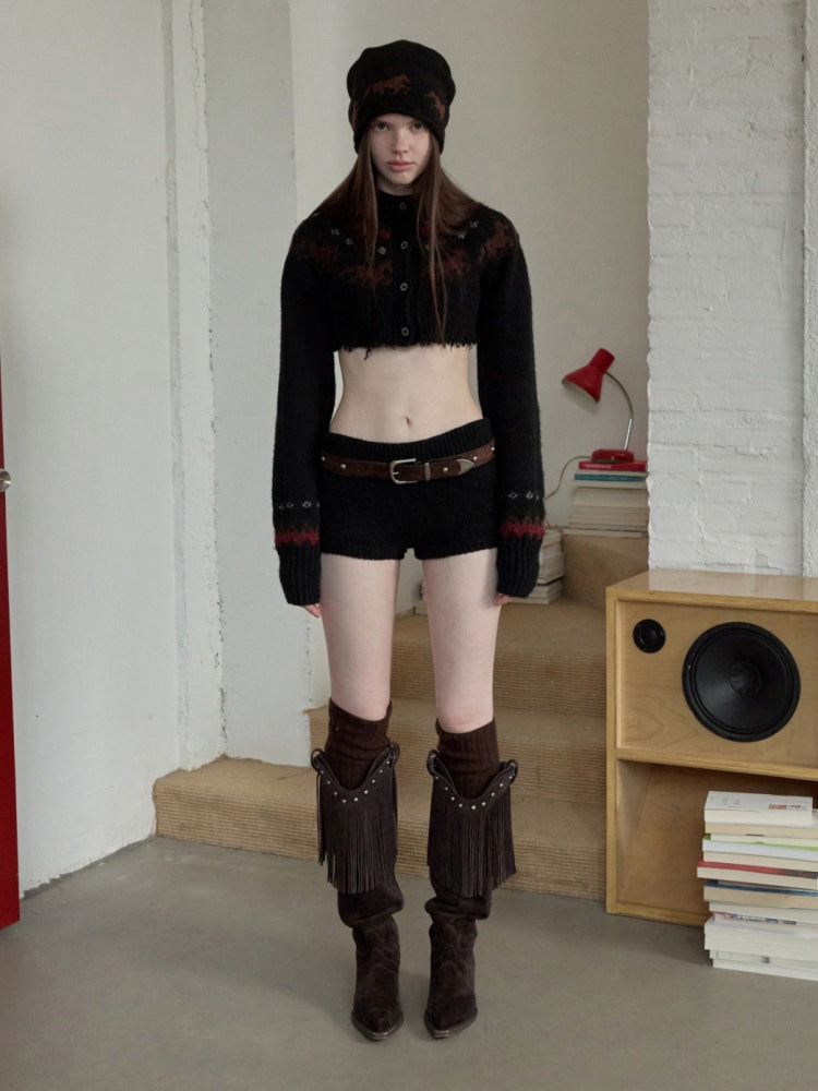 Fair Island Vintage Pony Jacquard Knitted Short Cardigan High Waist Shorts Set Of 2【s0000014592】