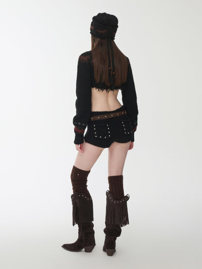 Fair Island Vintage Pony Jacquard Knitted Short Cardigan High Waist Shorts Set Of 2【s0000014592】
