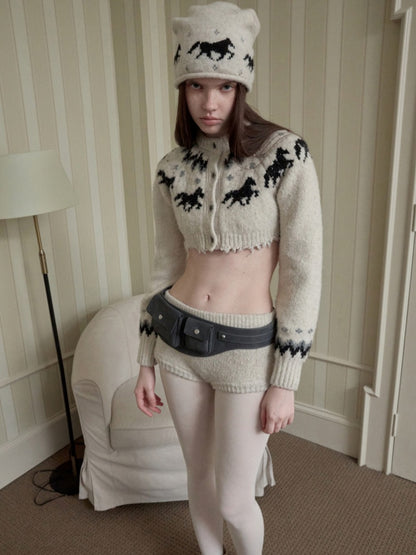 Fair Island Vintage Pony Jacquard Knitted Short Cardigan High Waist Shorts Set Of 2【s0000014592】