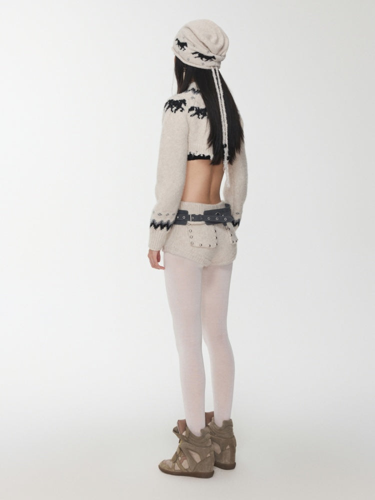 Fair Island Vintage Pony Jacquard Knitted Short Cardigan High Waist Shorts Set Of 2【s0000014592】