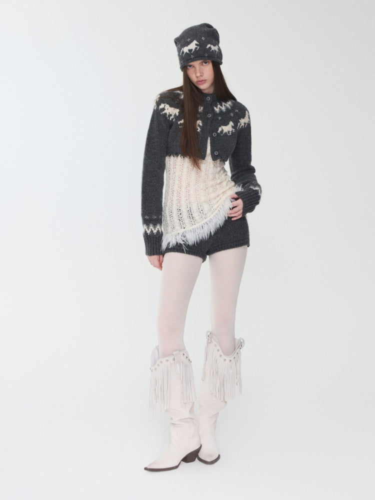 Fair Island Vintage Pony Jacquard Knitted Short Cardigan High Waist Shorts Set Of 2【s0000014592】
