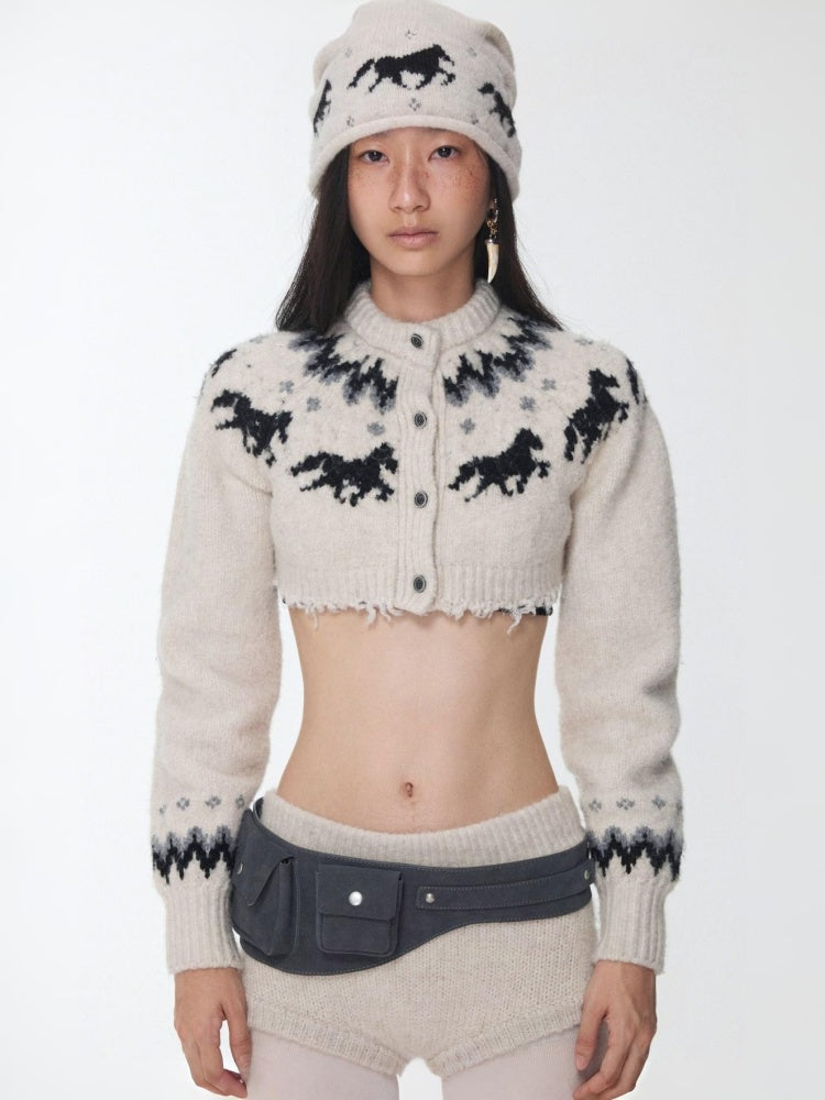 Fair Island Vintage Pony Jacquard Knitted Short Cardigan High Waist Shorts Set Of 2【s0000014592】