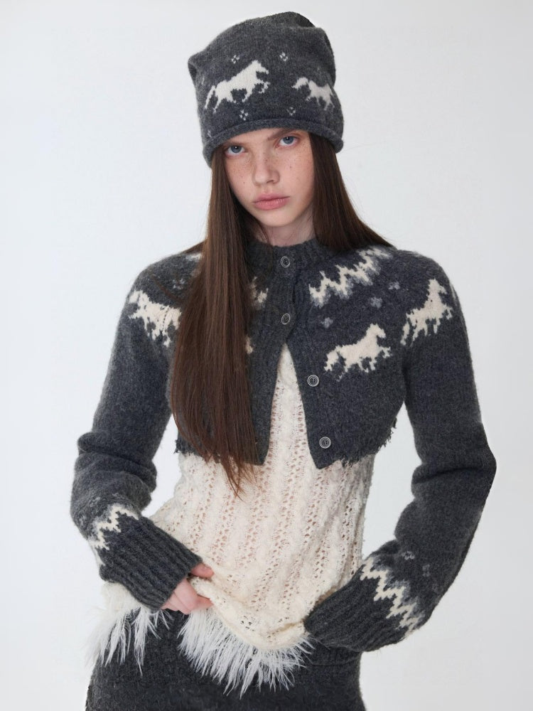 Fair Island Vintage Pony Jacquard Knitted Short Cardigan High Waist Shorts Set Of 2【s0000014592】