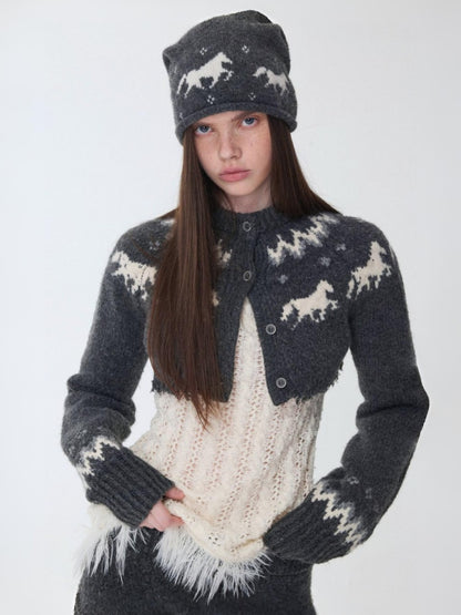 Fair Island Vintage Pony Jacquard Knitted Short Cardigan High Waist Shorts Set Of 2【s0000014592】