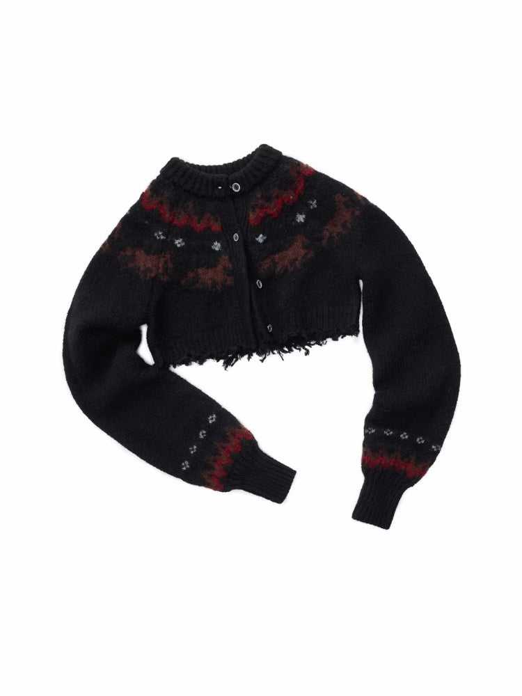 Fair Island Vintage Pony Jacquard Knitted Short Cardigan High Waist Shorts Set Of 2【s0000014592】