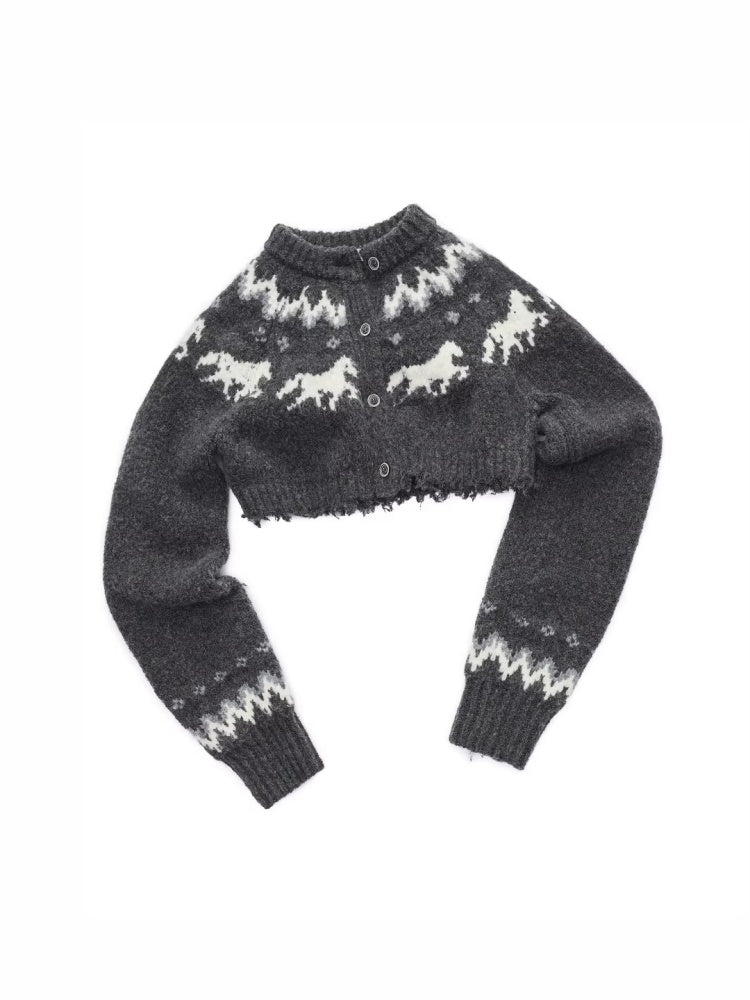 Fair Island Vintage Pony Jacquard Knitted Short Cardigan High Waist Shorts Set Of 2【s0000014592】