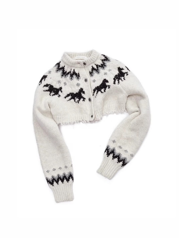 Fair Island Vintage Pony Jacquard Knitted Short Cardigan High Waist Shorts Set Of 2【s0000014592】