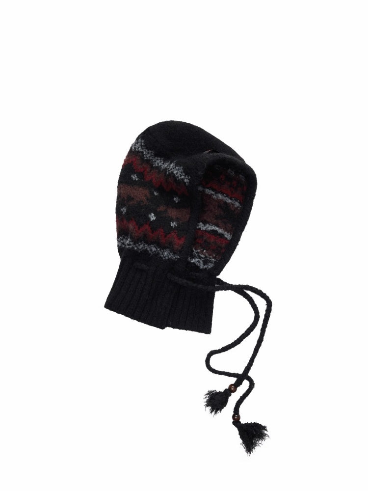 Fair Isle Vintage Pony Jacquard Knitted Ruffle Beaded Drawstring Warm Tow Hat【s0000014593】