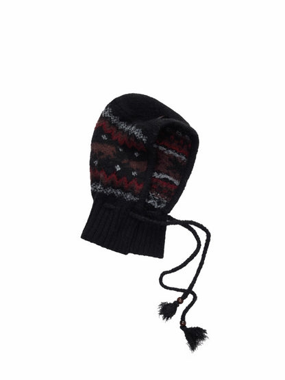 Fair Isle Vintage Pony Jacquard Knitted Ruffle Beaded Drawstring Warm Tow Hat【s0000014593】
