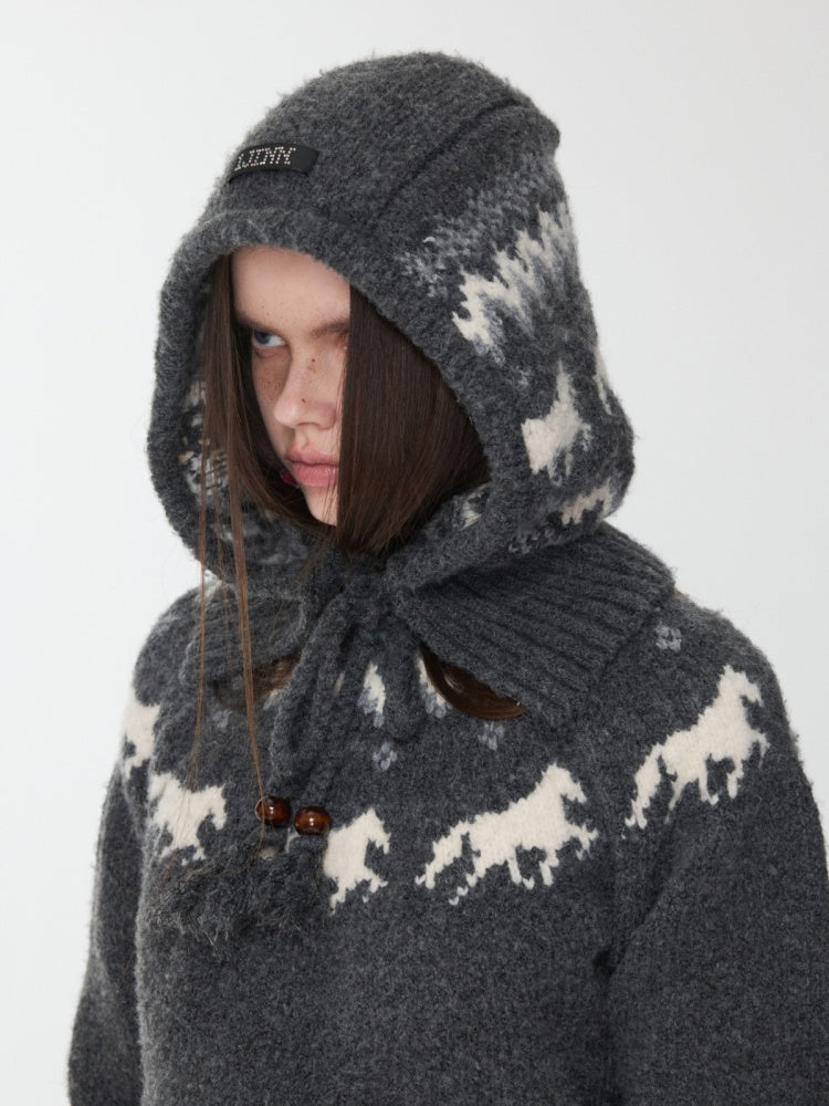 Fair Isle Vintage Pony Jacquard Knitted Ruffle Beaded Drawstring Warm Tow Hat【s0000014593】