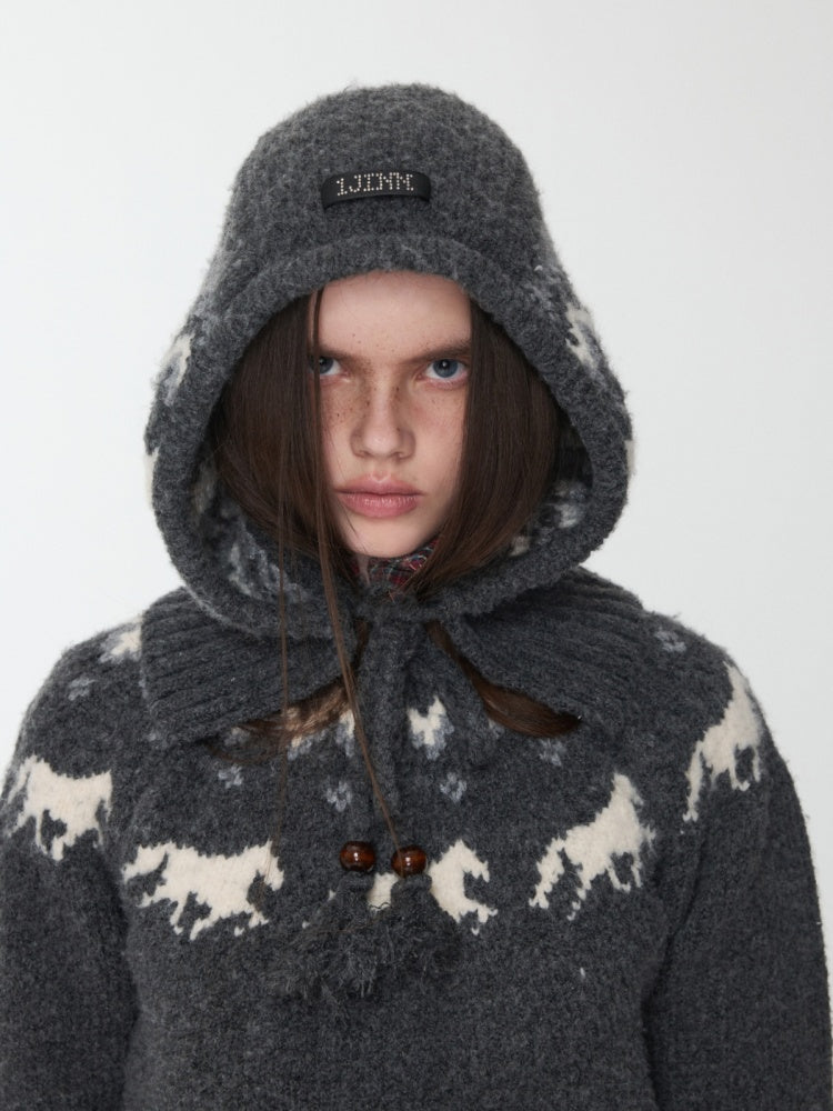 Fair Isle Vintage Pony Jacquard Knitted Ruffle Beaded Drawstring Warm Tow Hat【s0000014593】