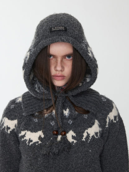 Fair Isle Vintage Pony Jacquard Knitted Ruffle Beaded Drawstring Warm Tow Hat【s0000014593】