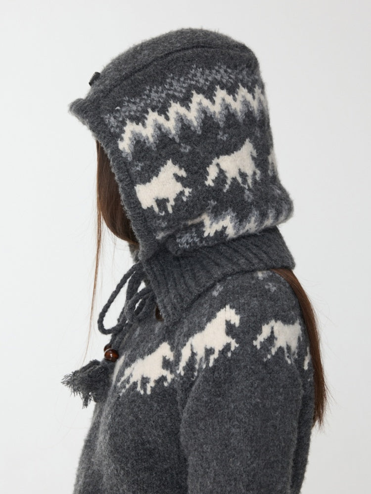 Fair Isle Vintage Pony Jacquard Knitted Ruffle Beaded Drawstring Warm Tow Hat【s0000014593】