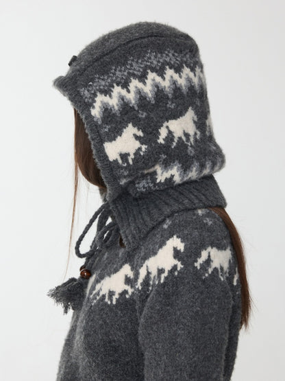 Fair Isle Vintage Pony Jacquard Knitted Ruffle Beaded Drawstring Warm Tow Hat【s0000014593】