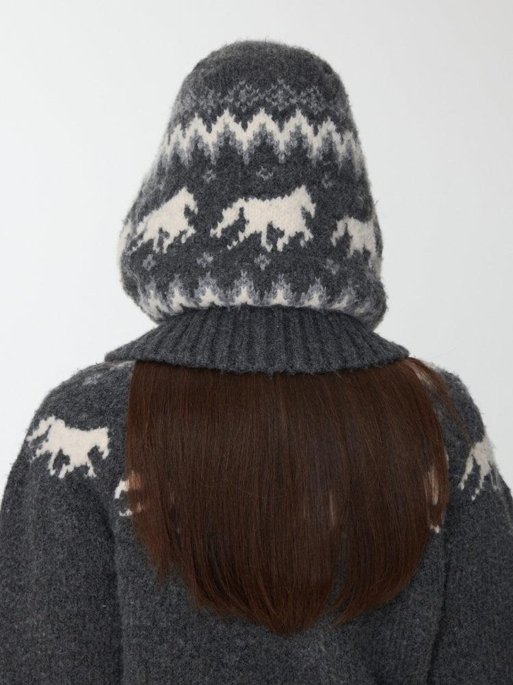 Fair Isle Vintage Pony Jacquard Knitted Ruffle Beaded Drawstring Warm Tow Hat【s0000014593】