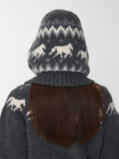 Fair Isle Vintage Pony Jacquard Knitted Ruffle Beaded Drawstring Warm Tow Hat【s0000014593】