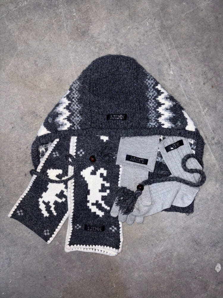 Fair Isle Vintage Pony Jacquard Knitted Ruffle Beaded Drawstring Warm Tow Hat【s0000014593】