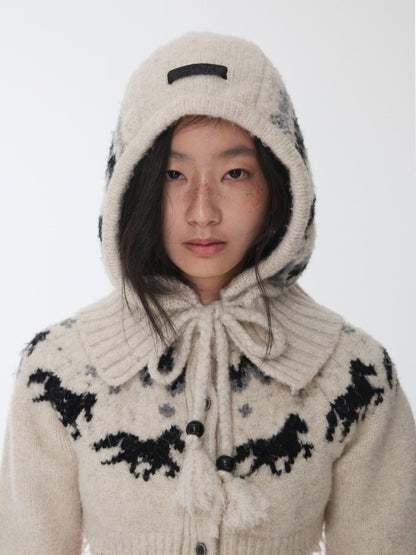 Fair Isle Vintage Pony Jacquard Knitted Ruffle Beaded Drawstring Warm Tow Hat【s0000014593】