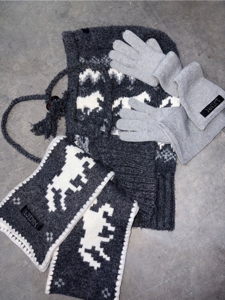 Fair Isle Vintage Pony Jacquard Knitted Ruffle Beaded Drawstring Warm Tow Hat【s0000014593】