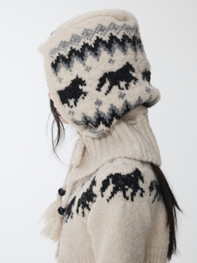 Fair Isle Vintage Pony Jacquard Knitted Ruffle Beaded Drawstring Warm Tow Hat【s0000014593】
