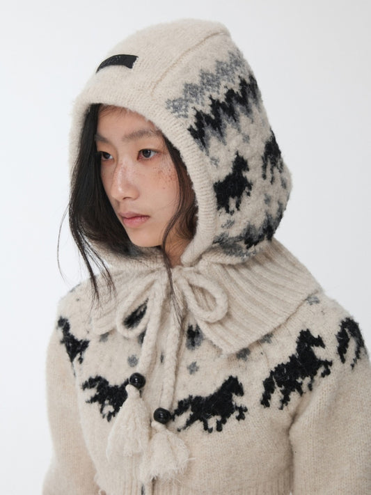 Fair Isle Vintage Pony Jacquard Knitted Ruffle Beaded Drawstring Warm Tow Hat【s0000014593】