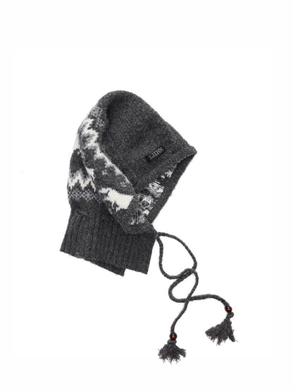 Fair Isle Vintage Pony Jacquard Knitted Ruffle Beaded Drawstring Warm Tow Hat【s0000014593】