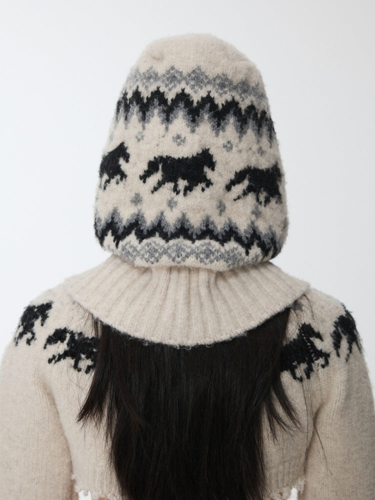 Fair Isle Vintage Pony Jacquard Knitted Ruffle Beaded Drawstring Warm Tow Hat【s0000014593】