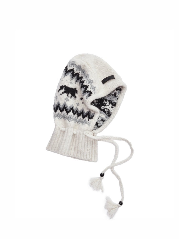 Fair Isle Vintage Pony Jacquard Knitted Ruffle Beaded Drawstring Warm Tow Hat【s0000014593】
