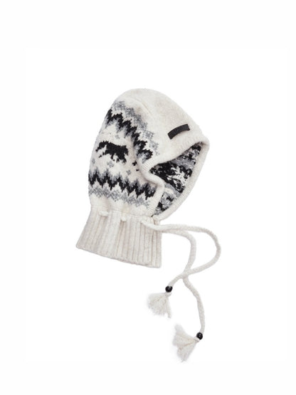 Fair Isle Vintage Pony Jacquard Knitted Ruffle Beaded Drawstring Warm Tow Hat【s0000014593】