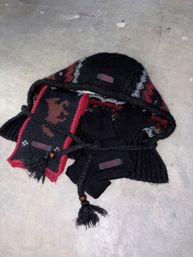 Fair Isle Vintage Pony Jacquard Knitted Ruffle Beaded Drawstring Warm Tow Hat【s0000014593】