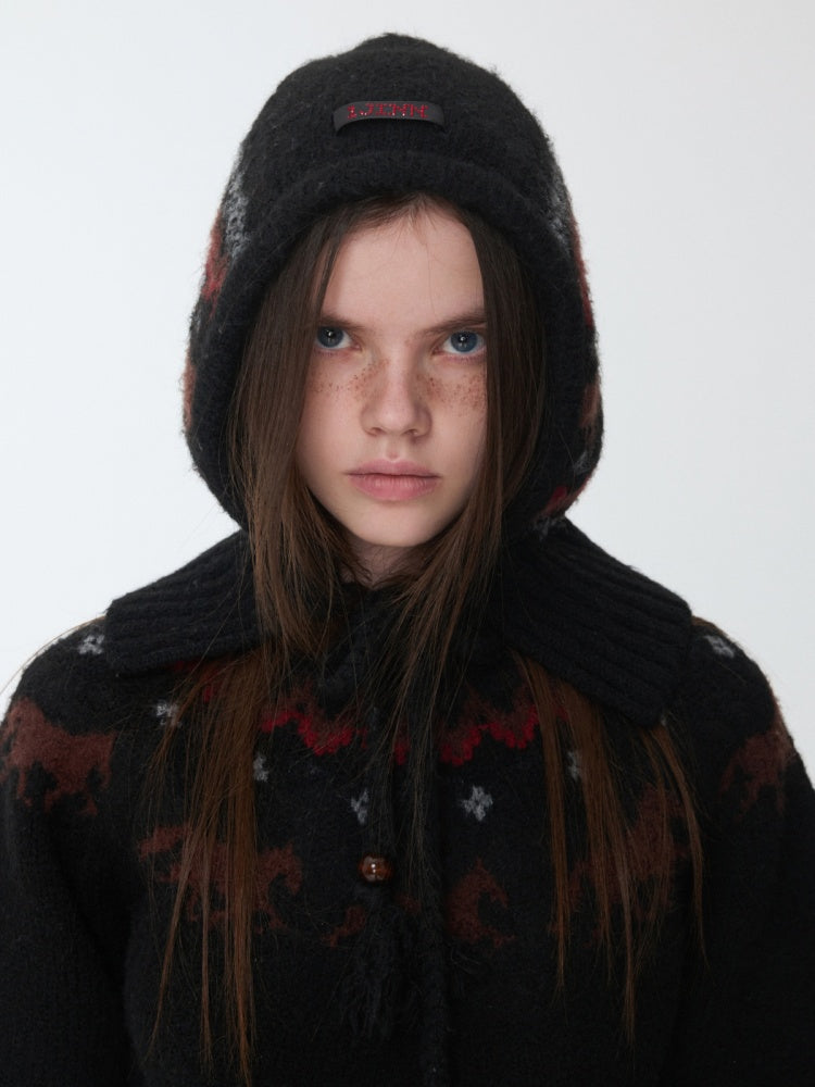 Fair Isle Vintage Pony Jacquard Knitted Ruffle Beaded Drawstring Warm Tow Hat【s0000014593】