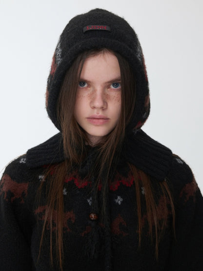 Fair Isle Vintage Pony Jacquard Knitted Ruffle Beaded Drawstring Warm Tow Hat【s0000014593】