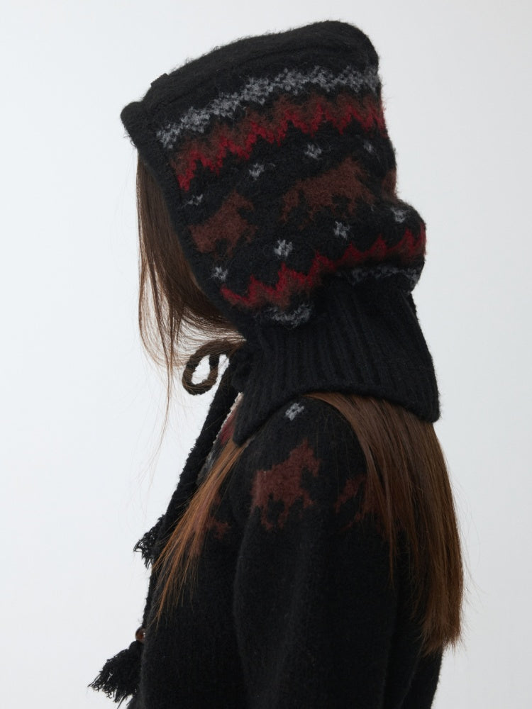 Fair Isle Vintage Pony Jacquard Knitted Ruffle Beaded Drawstring Warm Tow Hat【s0000014593】