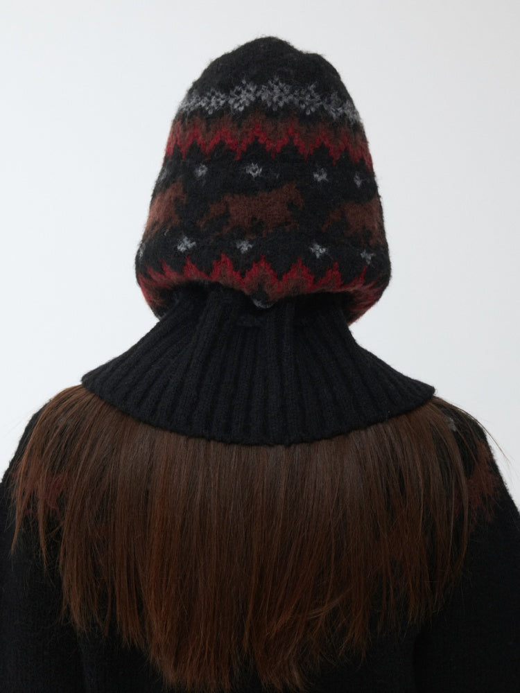 Fair Isle Vintage Pony Jacquard Knitted Ruffle Beaded Drawstring Warm Tow Hat【s0000014593】