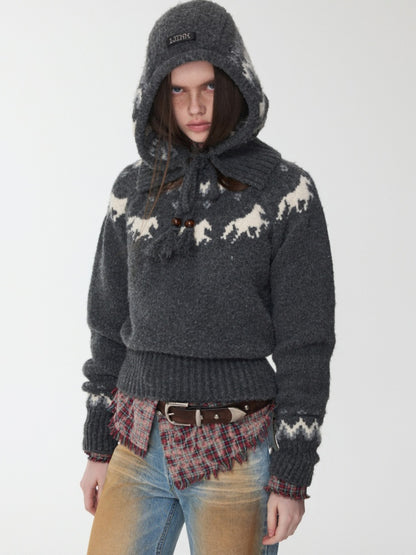 Fair Isle Vintage Pony Jacquard Knitted Ruffle Beaded Drawstring Warm Tow Hat【s0000014593】