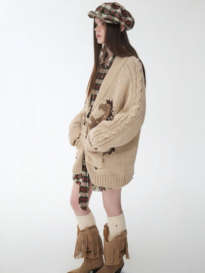Vintage Coarse Weave Pony Jacquard Horn Buckle Large Cardigan Lapel Loose Sweater Coat【s0000014595】