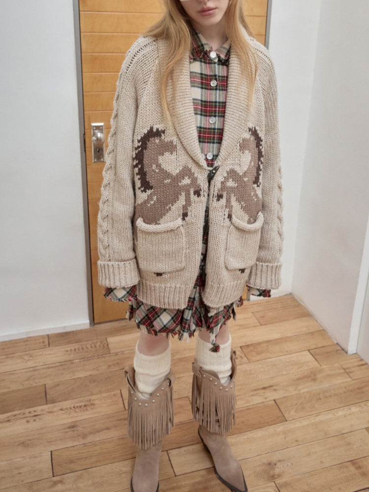 Vintage Coarse Weave Pony Jacquard Horn Buckle Large Cardigan Lapel Loose Sweater Coat【s0000014595】
