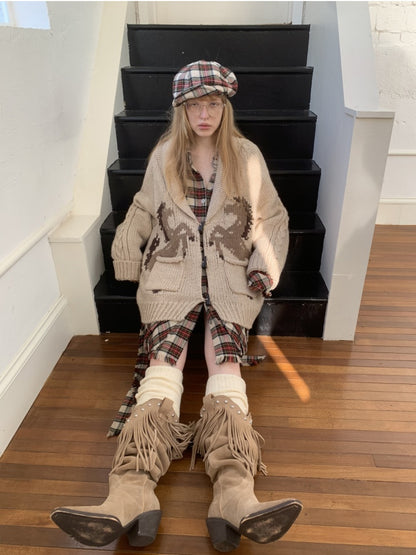 Vintage Coarse Weave Pony Jacquard Horn Buckle Large Cardigan Lapel Loose Sweater Coat【s0000014595】