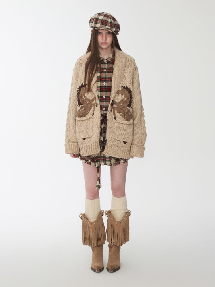 Vintage Coarse Weave Pony Jacquard Horn Buckle Large Cardigan Lapel Loose Sweater Coat【s0000014595】