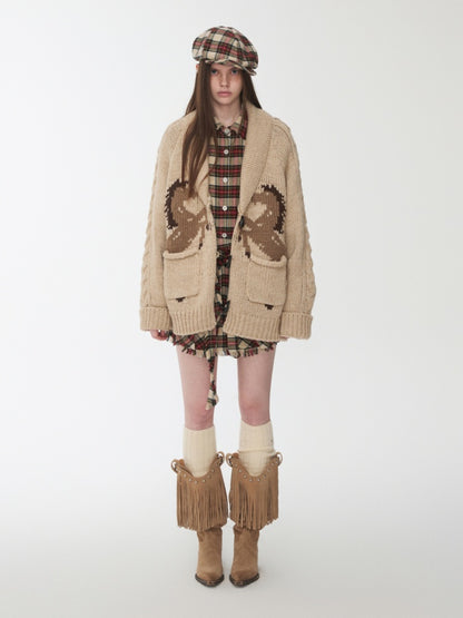 Vintage Coarse Weave Pony Jacquard Horn Buckle Large Cardigan Lapel Loose Sweater Coat【s0000014595】